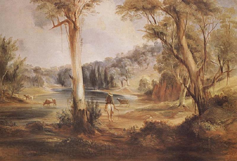 Conrad Martens Australian Landscape with cattle and a stockman at a creek Norge oil painting art